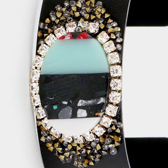 Oval Bead Rhinestone Cluster Metal Cuff Bracelet - Picture 2 of 6